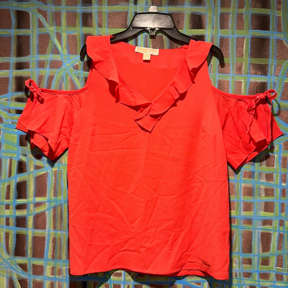 Michael Kors electric watermelon cold shoulder ruffle v-neck blouse size small